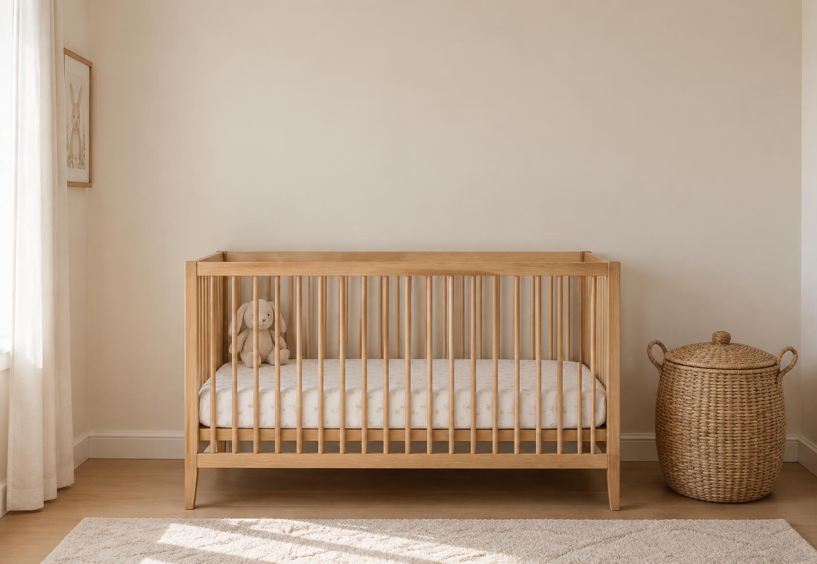 Soft nursery with a wooden crib